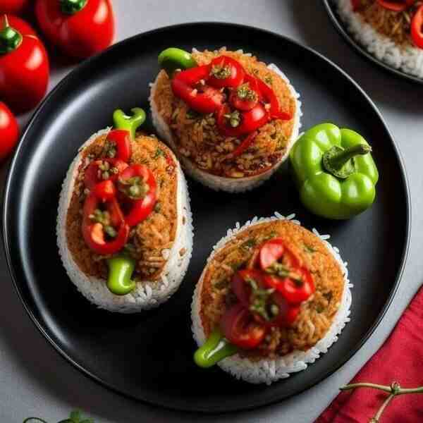 Перец фаршированный рисом помидорами и грибами